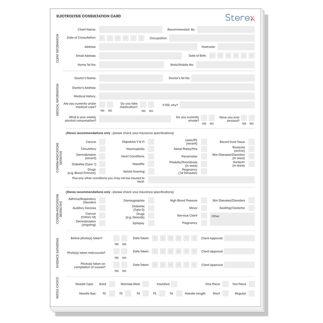 STEREX ELECTROLYSIS CLIENT CONSULTATION CARDS 25 PACK